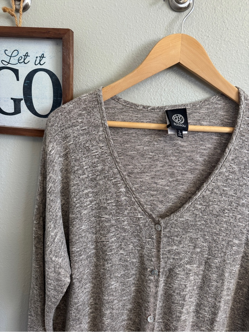 bobeau Heather Taupe Button-Front V-Neck lightweight cardigan duster